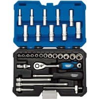Blue and black Draper Expert metric socket set with ratchet, extensions, and 30 pieces in a molded case.