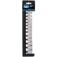 Draper Expert 12-piece metric socket set with silver sockets on black rail, 3/8" square drive.