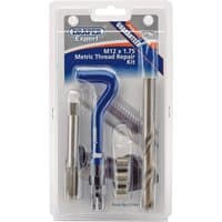 Draper Expert Metric Thread Repair Kit with blue handle, drill bit, and thread inserts in clear plastic packaging.
