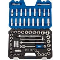 Draper Expert 63-piece socket set in blue and black case with various sockets, ratchet, and extensions.