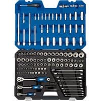 Draper Expert socket set with blue case, 150 pieces including ratchets, sockets, and wrenches in various sizes.