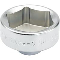 Silver Draper Expert oil filter cap socket, 3/8" square drive, 36mm, with engraved size marking and hexagonal interior.