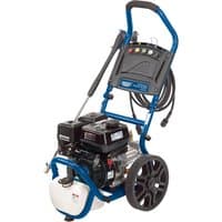 Blue Draper Expert petrol pressure washer with 6.5HP engine, black wheels, and hose reel on top.