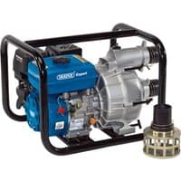 Blue and silver Draper Expert petrol trash water pump, 750L/min, 7HP, with black metal frame and intake filter.