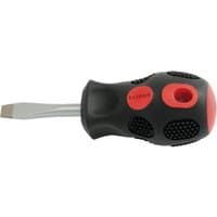 Draper Expert screwdriver with flared tip, 6 x 38mm, black and red ergonomic handle, short metal shaft.