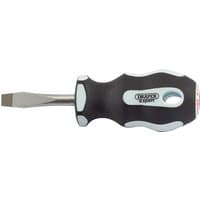 Black and white soft grip screwdriver with a flat 6.5mm tip and short 38mm shaft, branded Draper Expert.