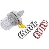 Clear polycarbonate grease feeder with metal fittings, yellow cap, and red and black springs included.