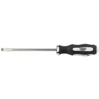 Draper Expert screwdriver with black soft grip handle, silver shaft, and flat head, size 6.5 x 150mm.