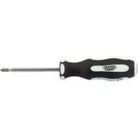 Black and white soft grip screwdriver with a metal shaft, branded "Draper Expert," PZ TYPE, No.1 x 75mm size.