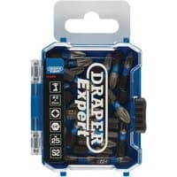 Draper Expert PZ2 impact screwdriver bits, 25mm, pack of 25 in a blue and clear plastic case with black latch.