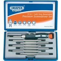 Blue Draper Expert reversible precision screwdriver set with black handle and seven interchangeable metal bits in a case.