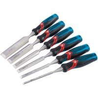 Draper Expert chisel set, six pieces with blue and black soft grip handles, silver bevel edge blades.