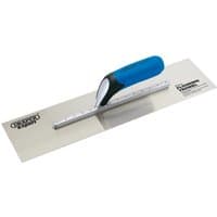 Stainless steel plastering trowel with blue soft grip handle, 455mm, by Draper Expert.