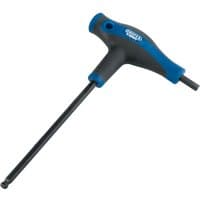 Black and blue T-handle hex key, 5.0mm, with soft grip and ball end, by Draper Expert.