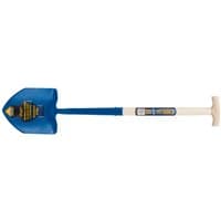 Draper Expert shovel with blue round mouth blade, T-handle, and ash wood shaft.