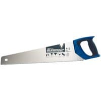 Draper Expert handsaw with blue soft grip handle, 500mm blade, 7tpi teeth, and hardpoint design.