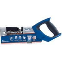 Draper Expert tenon saw with blue soft grip handle, 250mm blade, 11tpi teeth, and protective blade cover.
