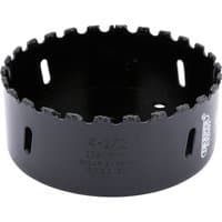 Black Draper Expert tungsten carbide grit hole saw, 114mm diameter, with jagged edge and side ventilation slots.