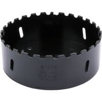 Black Draper Expert hole saw with tungsten carbide grit edge, 121mm diameter, round shape with jagged cutting teeth.