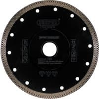 Black Draper Expert Turbo-X diamond blade, 180mm, with circular holes and textured edge for cutting porcelain.