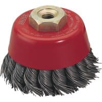 Red Draper Expert wire cup brush, 60mm, with twist knot bristles and M10 threaded nut.