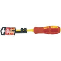 Red and yellow insulated cross slot screwdriver, 80mm, with ergonomic handle and display packaging.