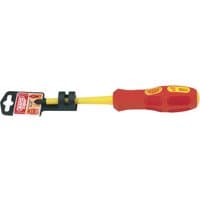 Red and yellow Draper Expert insulated cross slot screwdriver, No.2 x 100mm, with ergonomic handle and display packaging.