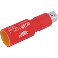Red Draper Expert insulated extension bar, 1/2" square drive, 75mm length, with safety markings and yellow interior.