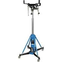 Blue Draper Expert vertical transmission jack, 1000kg capacity, with adjustable arms, chains, and wheeled base.