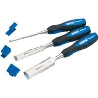 "Draper Expert 6mm wood chisel with blue and black handle, sharp steel blade, includes protective blade cap"