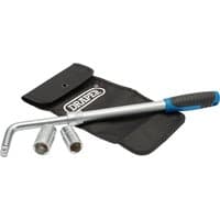 Silver Draper extending wheel nut wrench with blue grip, two sockets, and black carrying pouch.