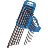Blue Draper hex key set with 10 extra-long imperial hex and ball end keys in a plastic holder.