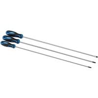 Draper screwdriver set with three extra long 450mm tools, featuring blue and black soft grip handles.