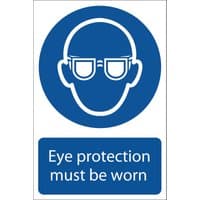 Blue and white Draper eye protection mandatory sign, 200x300mm, featuring a head with safety glasses icon.
