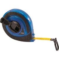 Blue and black Draper fibreglass measuring tape, 20m/66ft, with yellow tape and black handle.