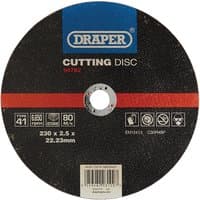 Black Draper flat stone cutting disc, 230x2.5x22.23mm, with blue logo, red stripe, and safety icons.