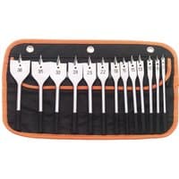 Draper Flat Wood Bit Set, 13 silver bits in black and orange fabric case, sizes ranging from 6mm to 38mm.