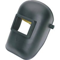 Black Draper flip action welding helmet with rectangular lens opening and adjustable side knob.