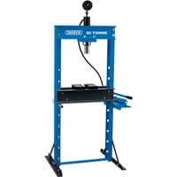 Blue Draper floor press, 20 tonne capacity, with hydraulic gauge, adjustable bed, and dual handles.