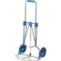 Blue and silver Draper fold flat sack truck with two wheels and a 90kg capacity.