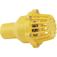 Yellow Draper foot valve strainer, 50mm, with ribbed hose connector and metal screws on the protective cage.