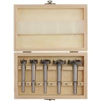 Draper Forstner Drill Bit Set, 5 pieces in a wooden box, featuring sharp, flat blades and cylindrical shanks.