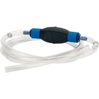 Clear Draper hand fuel siphon pump with black bulb, blue connectors, and transparent tubing.