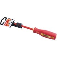 Red Draper insulated slot screwdriver, 4x100mm, with ergonomic handle and protective blade cover.