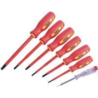 Red Draper fully insulated screwdriver set, six pieces with yellow accents, includes clear mains tester.