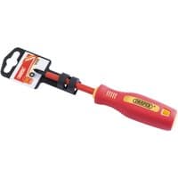 Red and yellow Draper insulated screwdriver with soft grip handle, cross slot tip, and 80mm shaft.