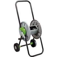 Black and green Draper garden hose reel cart with two wheels and 45m capacity.