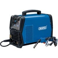 Blue Draper MIG inverter multi-welder, 200A, with black handle, control panel, and attached welding gun.
