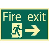 Glow-in-the-dark Draper fire exit sign with right arrow and running figure on green background.