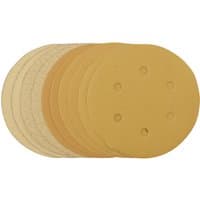 Gold Draper sanding discs, 150mm, with hook & loop backing, assorted grit sizes, pack of 10, circular shape.